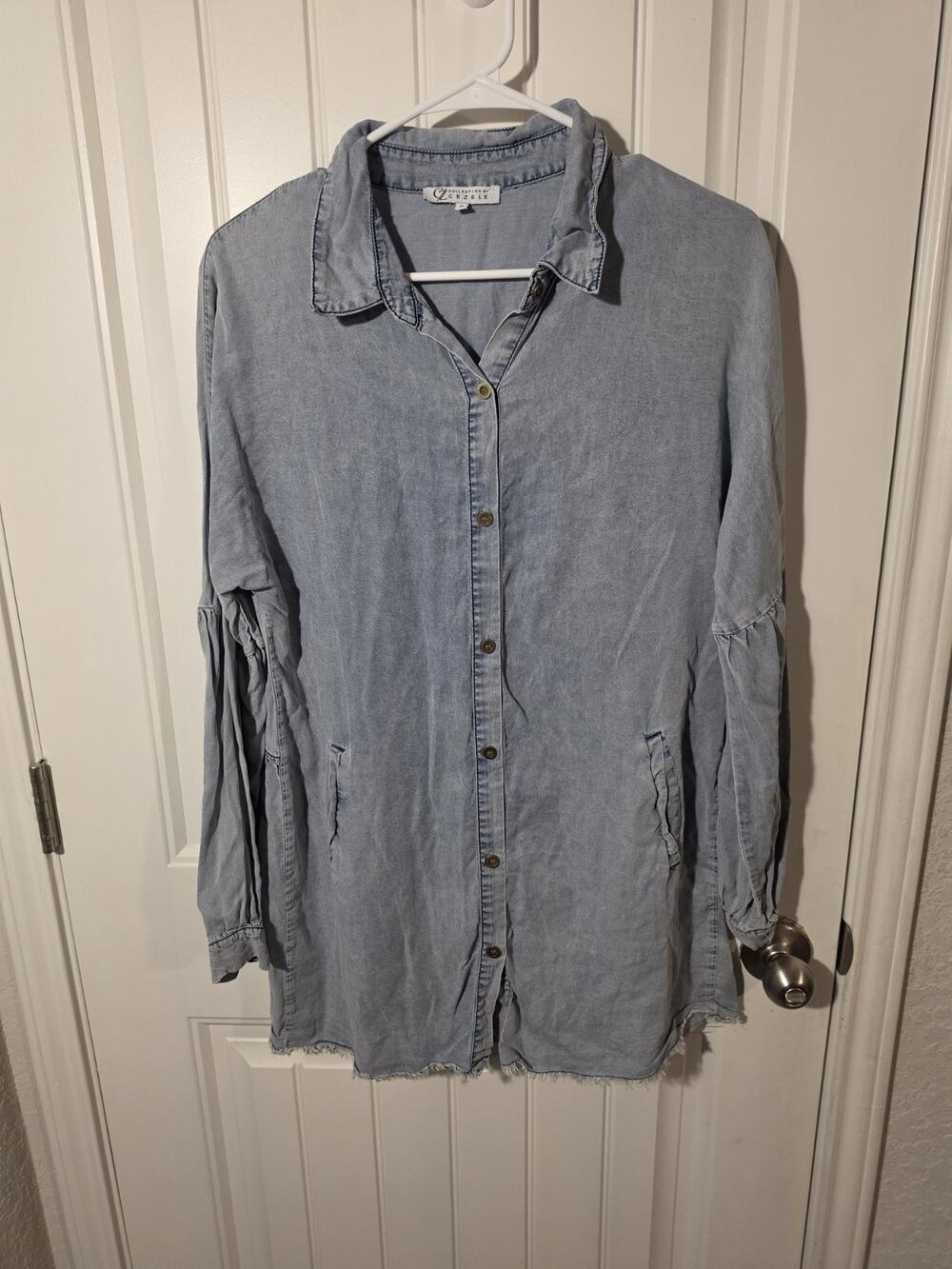 Collection by Cezele Denim Shirt Dress S Blue Boho Balloon Sleeve Frayed Hem